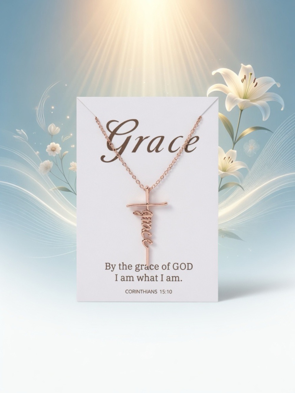 Grace Cross Rose Gold Necklace - 1 Corinthians 15:10 Christian Jewelry
